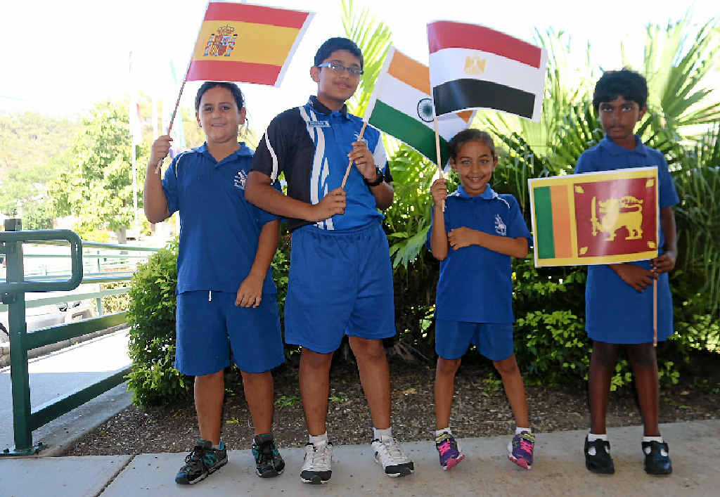 Gladstone West State School students Clarita Pereze of Spain, Margil Rajaji of India, Mariam Taha of Egypt and Jaya Sivananthan of Sri Lanka. Photo Laura McKee Gladstone West State School students Clarita Pereze of Spain, Margil Rajaji of India, Mariam Taha of Egypt and Jaya Sivananthan of Sri Lanka. Photo Laura McKee